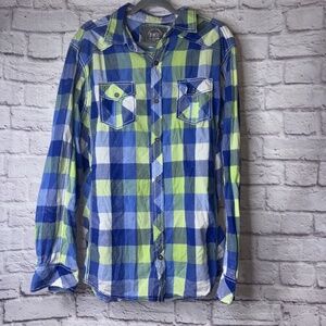 BKE Mens Shirt Gun Metal Buttons Athletic Fit Long Sleeve Large Plaid Sz XL